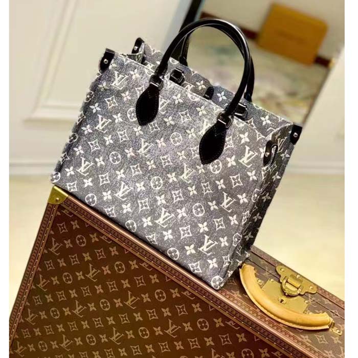 Louis Vuitton LV Women OnTheGo MM Tote Gray Denim Textile Jacquard