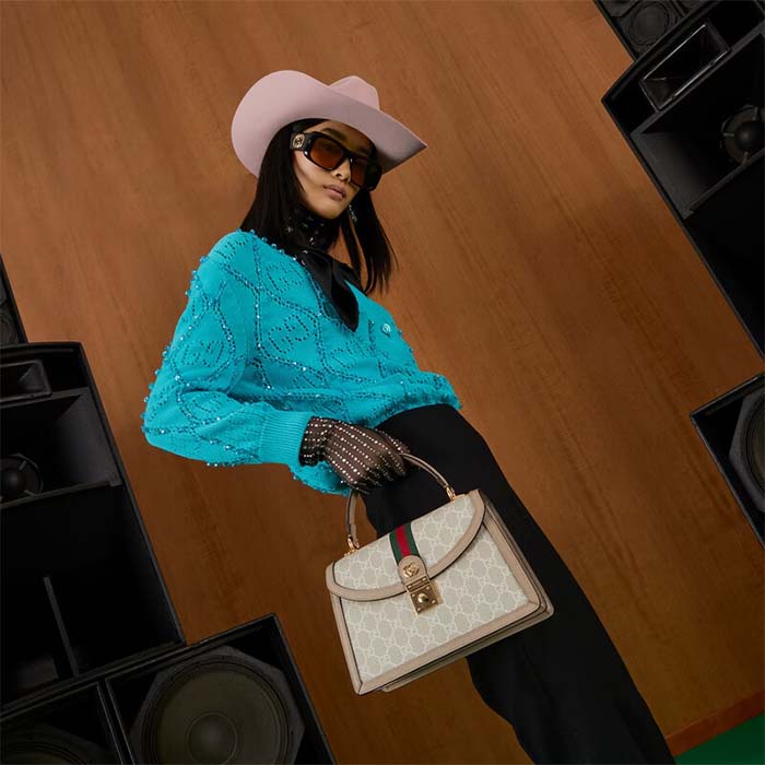 Gucci Women Ophidia GG Small Top Handle Bag Beige White Supreme Canvas