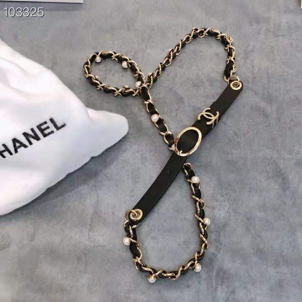 Chanel Women Lambskin Gold-Tone Metal & Glass Pearls Belt-Black