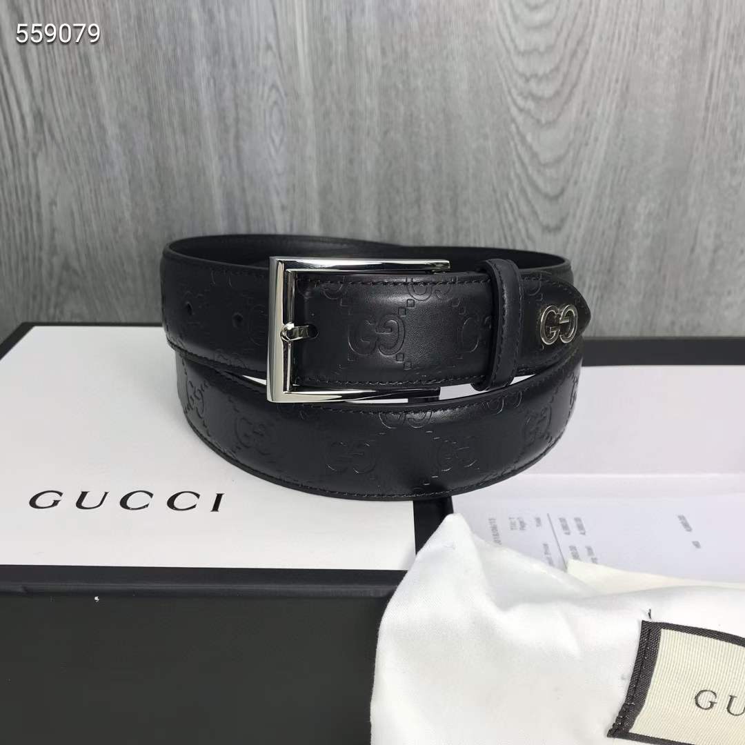 Gucci Unisex Black Signature Belt GG Detail Square Buckle 3.8 CM Width