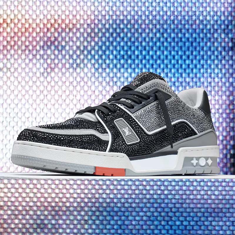 Louis Vuitton Unisex Trainer Sneaker Black Strass Rubber Outsole LV Initials Monogram Flowers