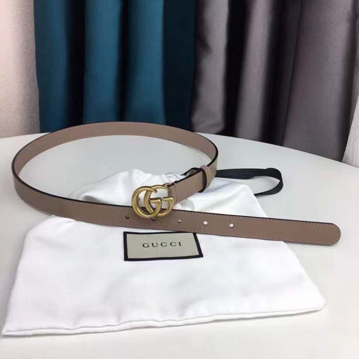 Gucci Unisex GG Thin Belt Double G Buckle Tan Leather 2 CM Width