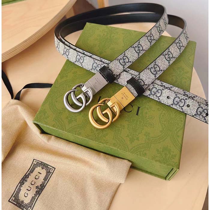 Gucci Unisex GG Marmont Reversible Thin Belt Beige Ebony GG Supreme Canvas Double G Buckle