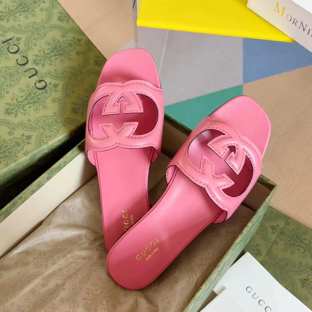 Gucci Women Interlocking G Cut Out Slide Sandal Dark Pink Leather Flat
