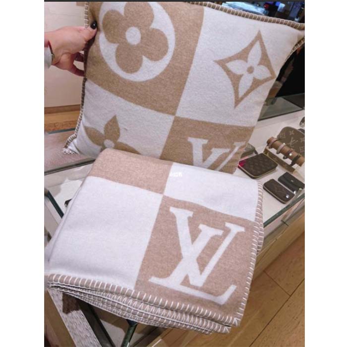 Louis Vuitton Unisex LV Checkmate Cushion Beige Wool Cashmere Jacquard Weave Monogram Flowers M77864