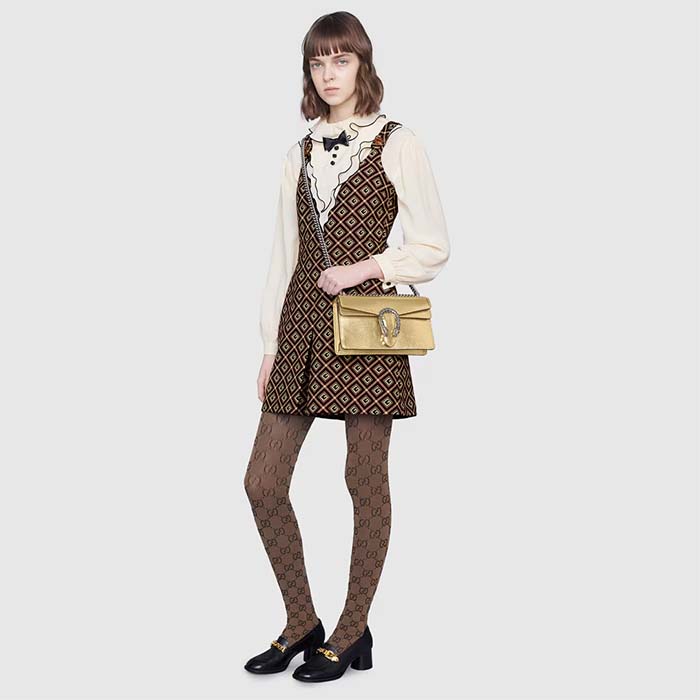 Gucci Women Dionysus Small Shoulder Bag Gold Lamé Leather Tiger Head