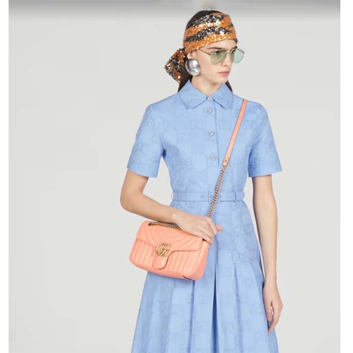 Gucci Women GG Marmont Small Shoulder Bag Peach Matelassé Round Vertical Matelassé Leather