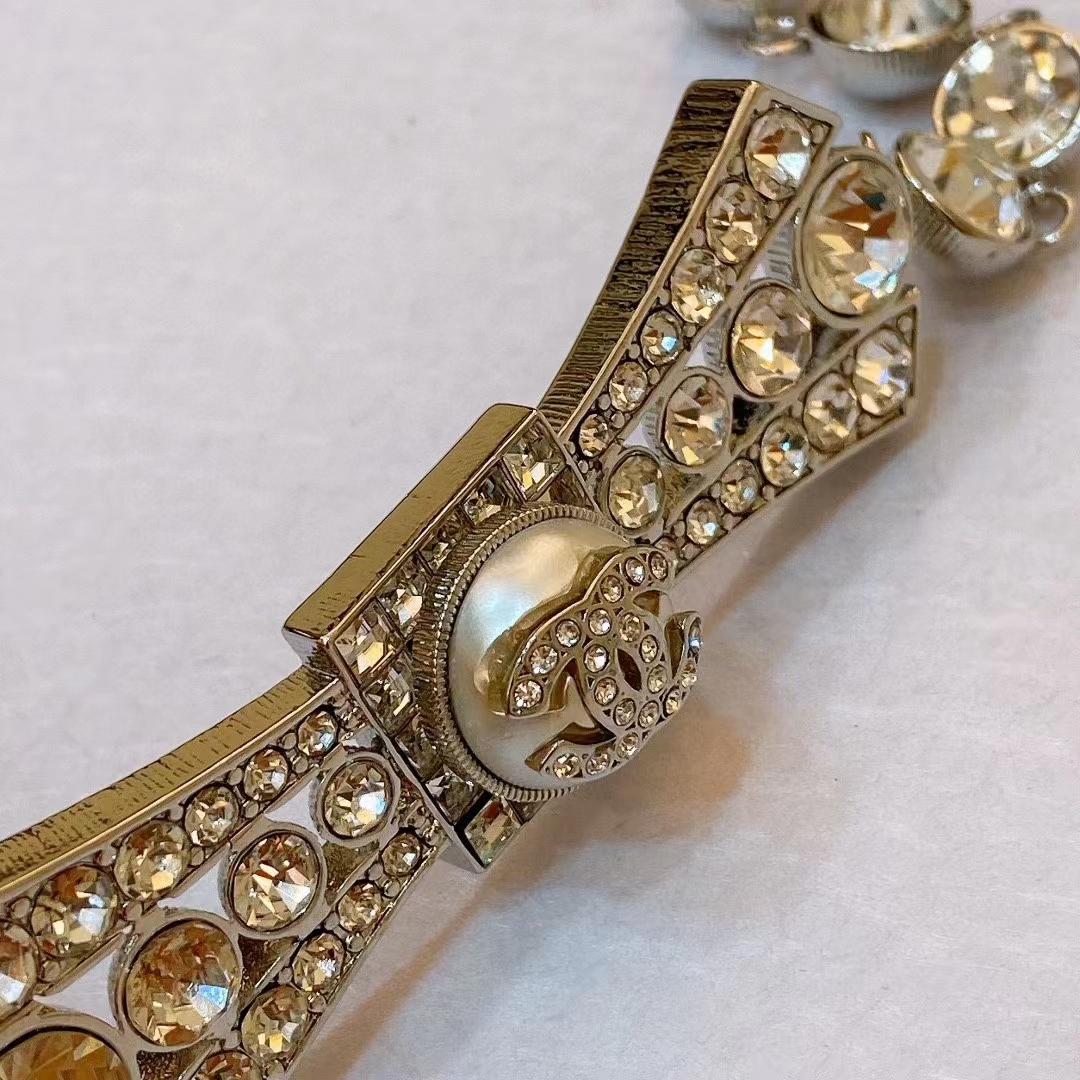 Chanel Women CC Belt Metal Strass Imitation Pearls Silver Crystal Pearly White