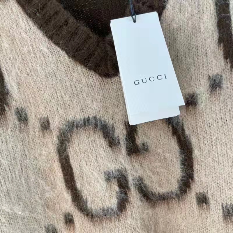 Gucci Women GG Mohair Wool V-Neck Sweater Beige Brown