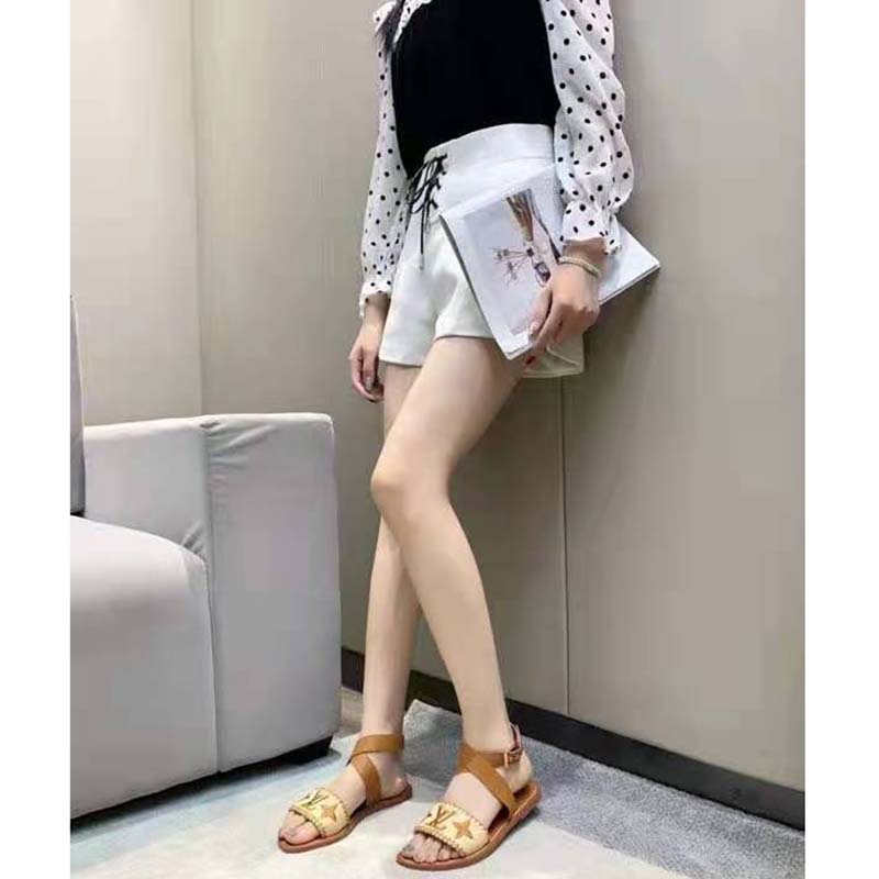 Louis Vuitton LV Women Sienna Flat Sandal Cognac Brown Raffia Leather Outsole