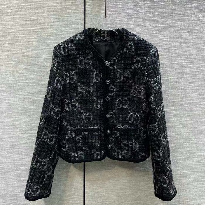 Gucci Women GG Tweed Jacket Dark Grey Lined Collarless Two Front Pockets Button Closure Style ‎761164 ZAPA4 1158