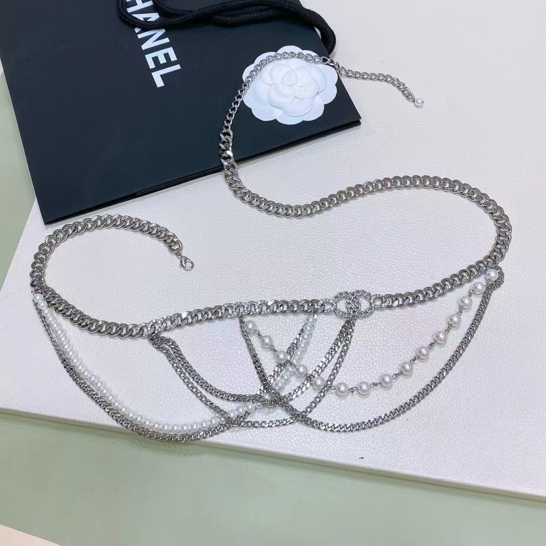 Chanel Women CC Chain Belt Metal Resin Glass Pearls Strass Silver Pearly White Crystal