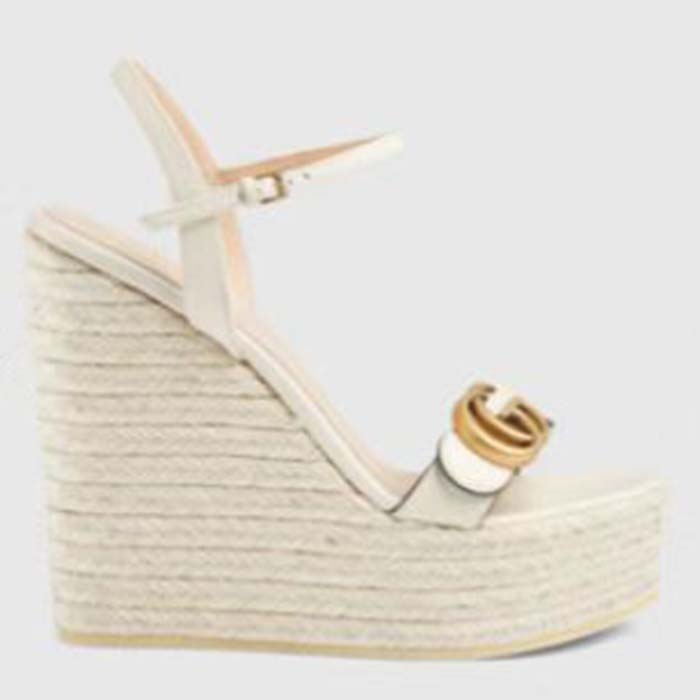 Gucci Women GG Leather Espadrille Sandal Interlocking G Off White Mid Heel
