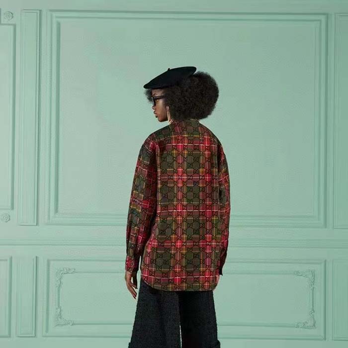 Gucci Women GG Tartan Wool Shirt Green Red GG Point Collar Long Sleeves Button Cuffs