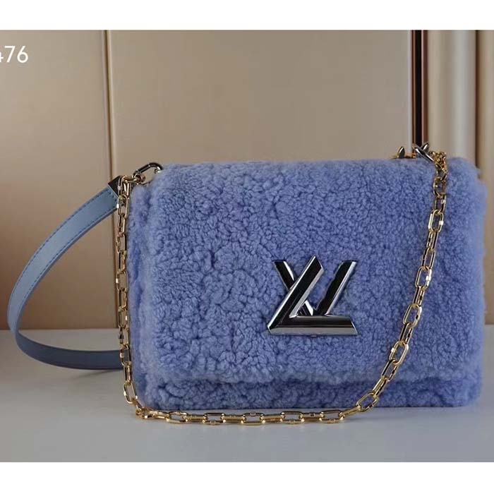 Louis Vuitton LV Women Twist MM Handbag Jean Blue Shearling Smooth Calfskin Leather