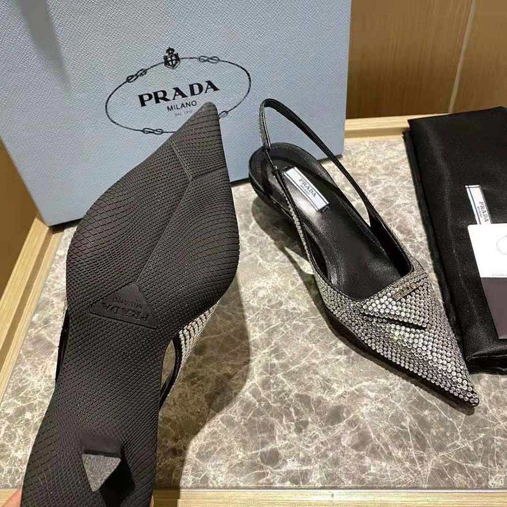 Prada Women Satin Sling-Back Pumps with Crystals-Black