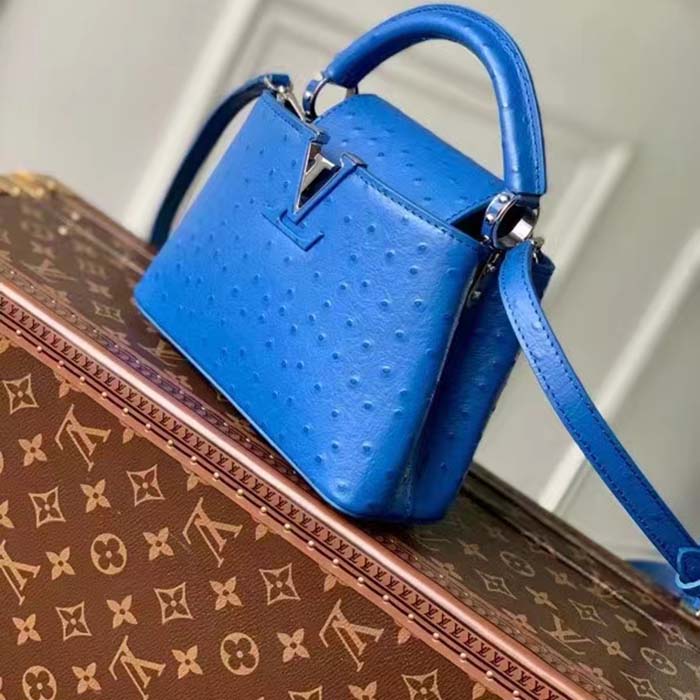 Louis Vuitton LV Women Capucines Mini Menthe Blue Goatskin Ostrich Leather Monogram Flower