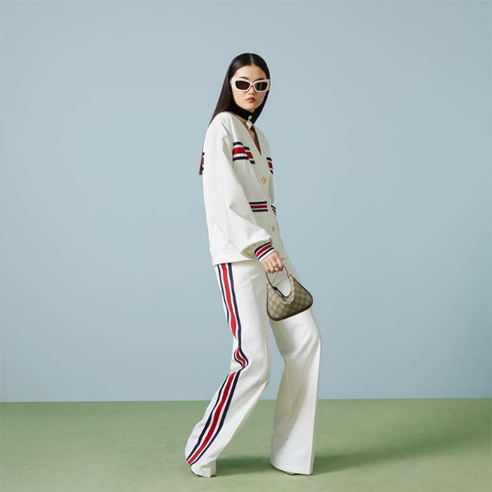 Gucci Women GG Technical Jersey Cardigan Web White V-Neck Dropped Shoulder Long Sleeves