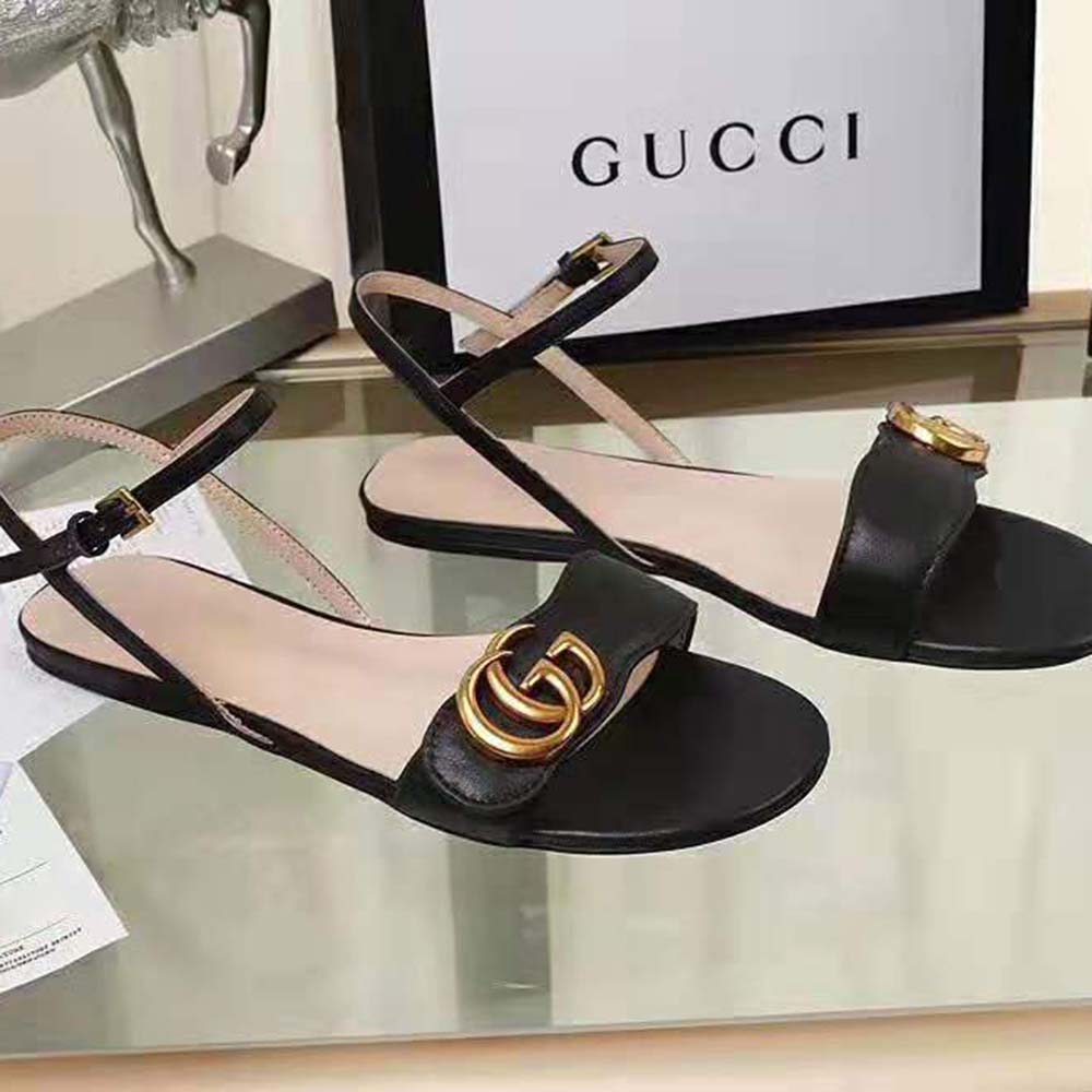 Gucci Women Leather Sandal with Double G-Black