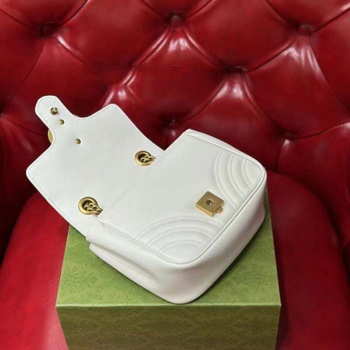 Gucci Women GG Marmont Matelassé Mini Tote Bag White Chevron Leather Double G