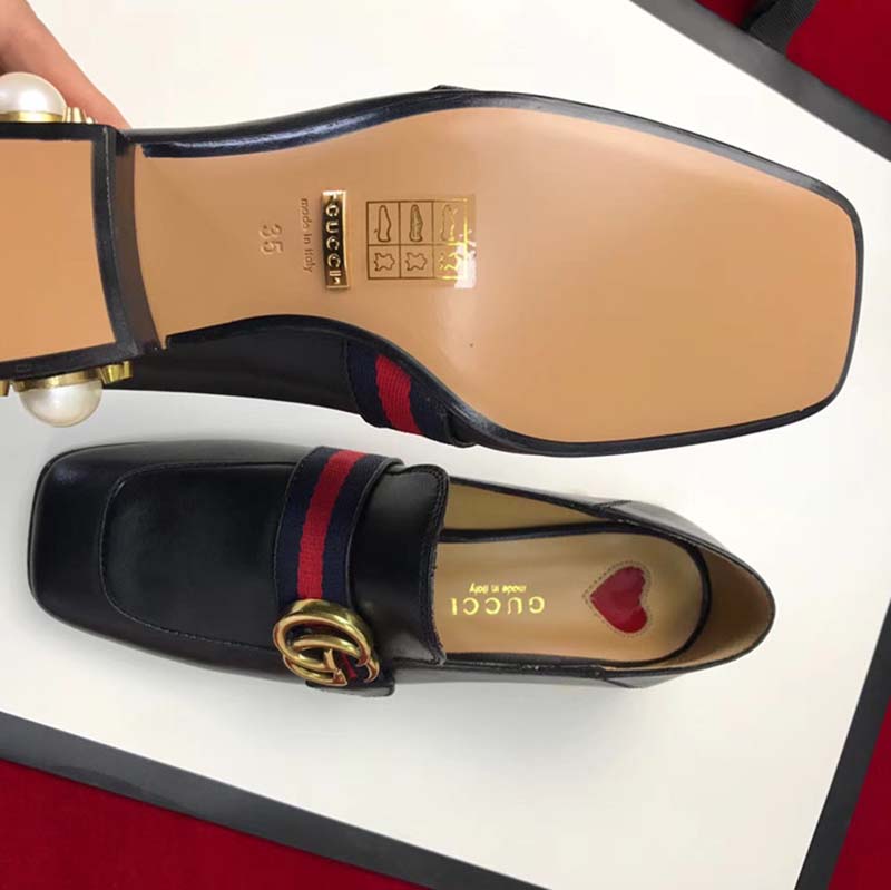 Gucci Women Leather Mid-Heel Loafer with Blue and Red Web-Black