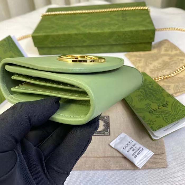 Gucci Women GG Blondie Medium Chain Wallet Green Leather Round Interlocking G