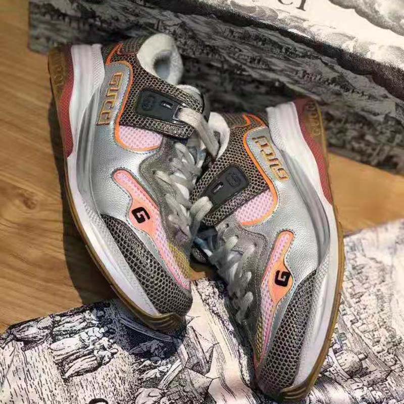 Gucci Unisex Ultrapace Sneaker with Embroidered Gucci and Interlocking G in Metallic Leather-Grey