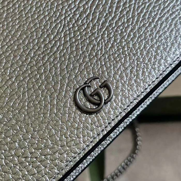 Gucci Women GG Marmont Mini Chain Bag Metallic Silver Leather Double G