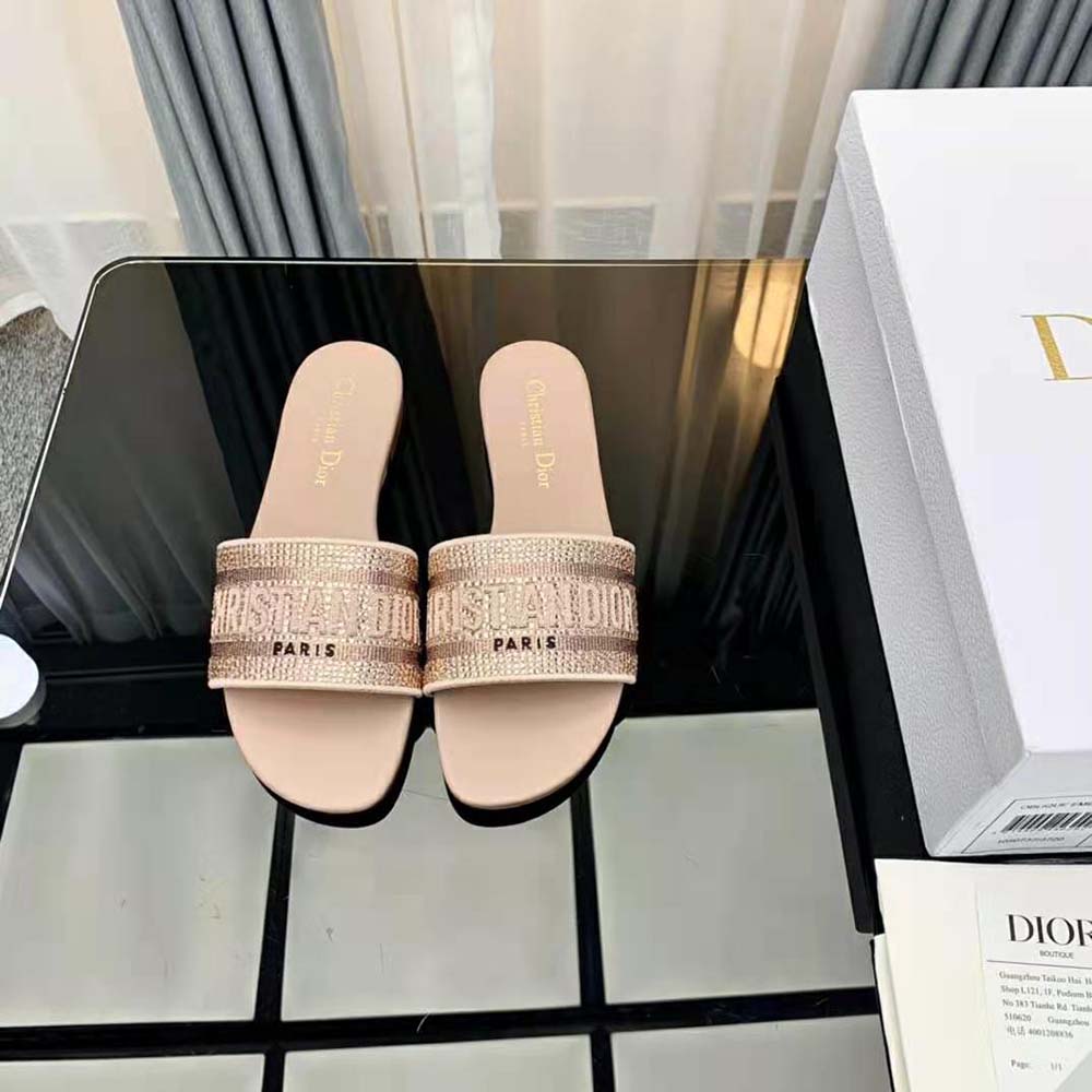 Dior Women Dway Slide Rose Des Vents Cotton Embroidered with Metallic Thread and Strass