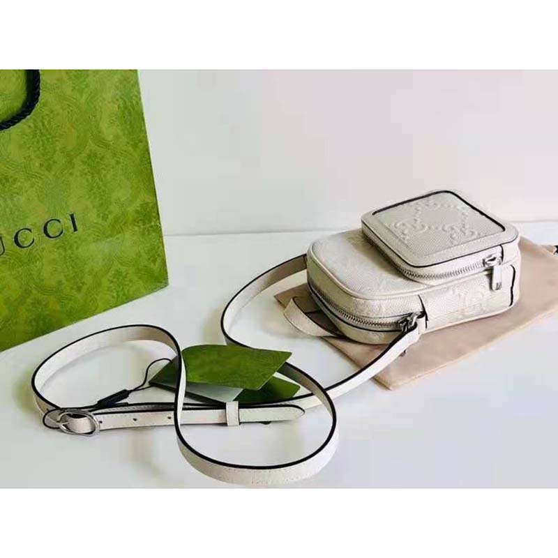 Gucci GG Unisex Embossed Mini Bag White Leather Cotton Linen