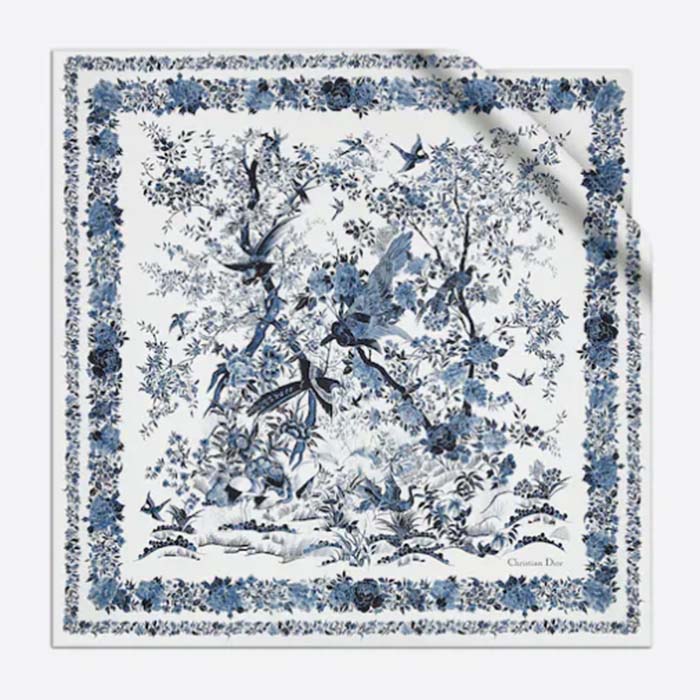 Dior Women CD Dior Jardin D’Hiver 90 Square Scarf Ivory Blue Silk Twill