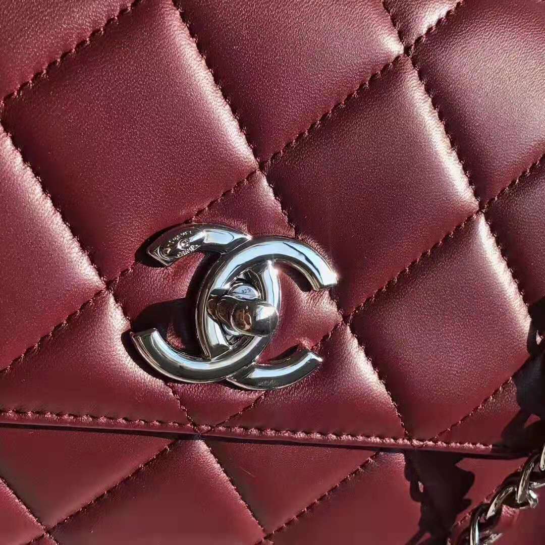 Chanel Women Small Flap Bag with Top Handle in Lambskin Leather-Maroon