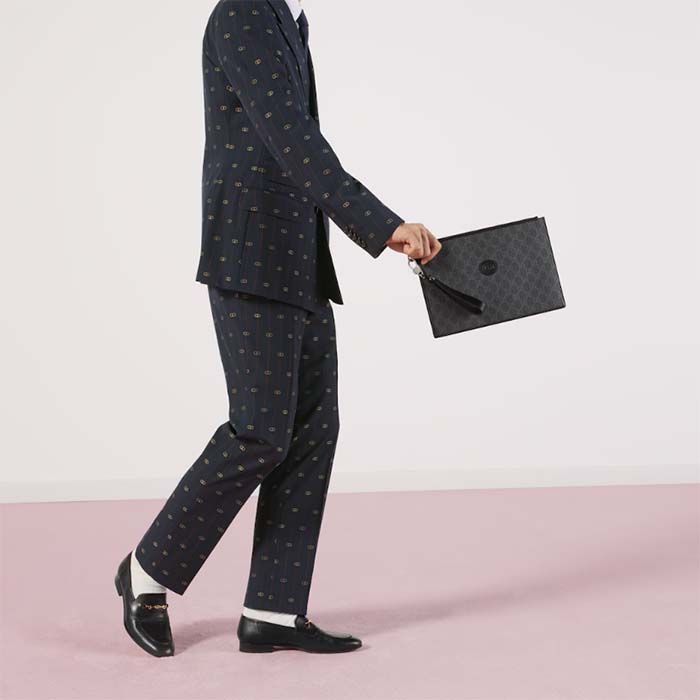 Gucci Unisex Pouch Interlocking G Black GG Supreme Canvas Leather Zip Closure