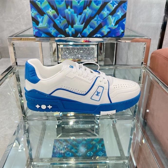 Louis Vuitton Unisex LV Trainer Sneaker Blue Calf Leather Rubber Outsole Monogram Flowers