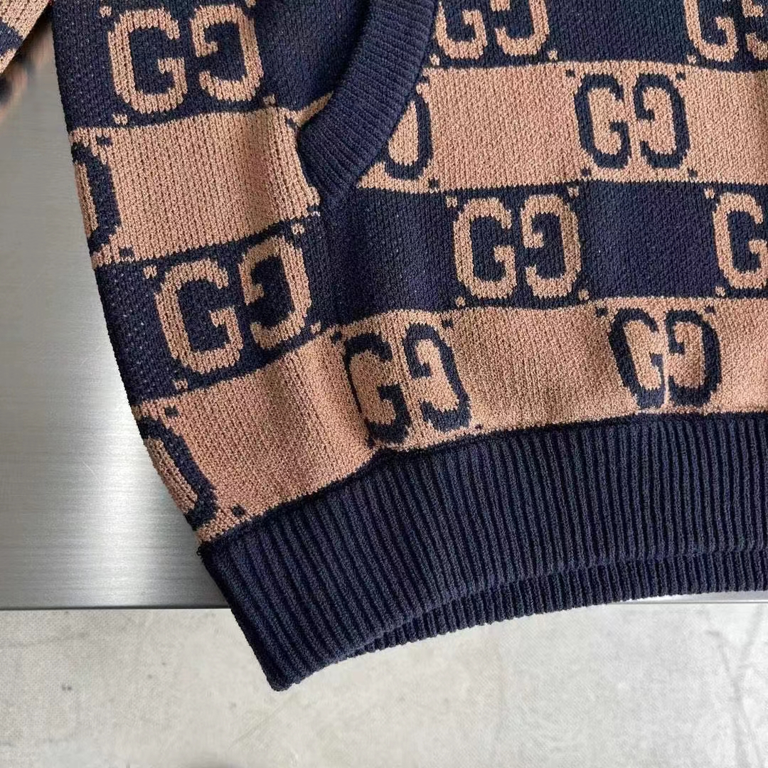 Gucci Women GG Cotton Jacquard Hooded Sweater Beige Dark Blue Dropped Shoulder Kangaroo Pocket
