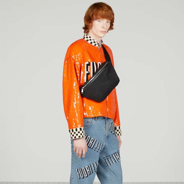 Gucci Unisex GG Jumbo GG Belt Bag Black Leather Canvas Zip Closure