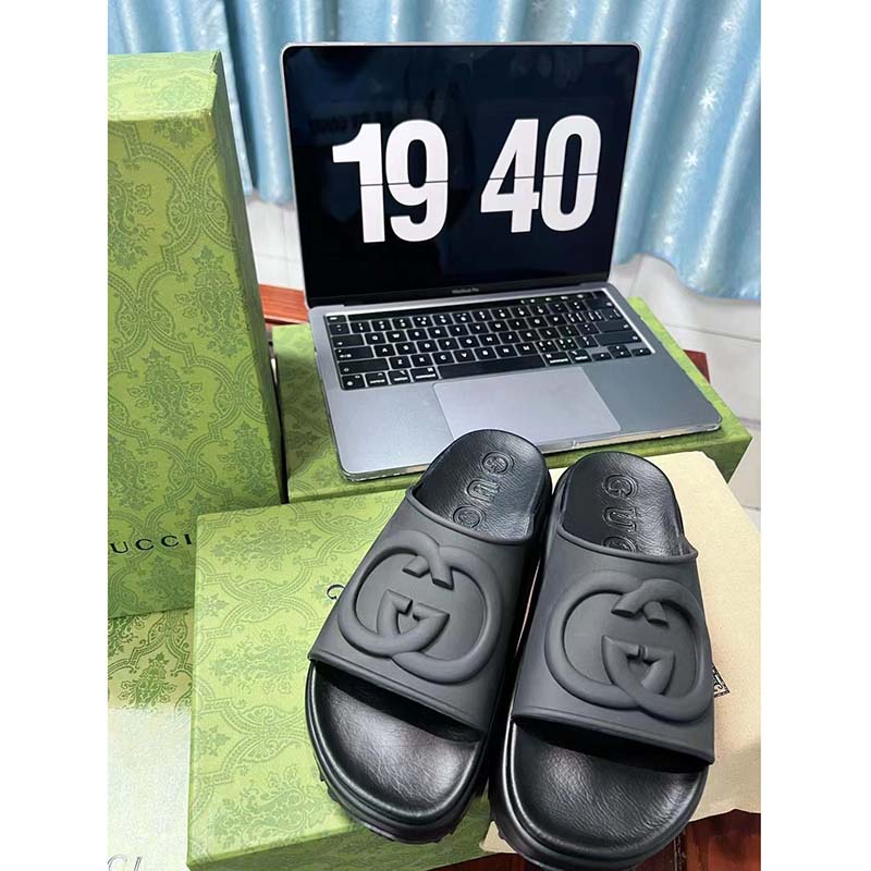 Gucci Women GG Slide Sandal Interlocking G Black Rubber Low Heel