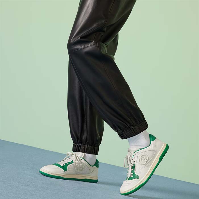 Gucci Unisex GG MAC80 Sneaker Off White Green Leather Round Toe Rubber Flat