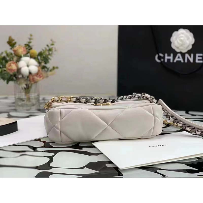 Chanel Women CC 19 Flap Bag Calfskin Gold Silver-Tone Metal White