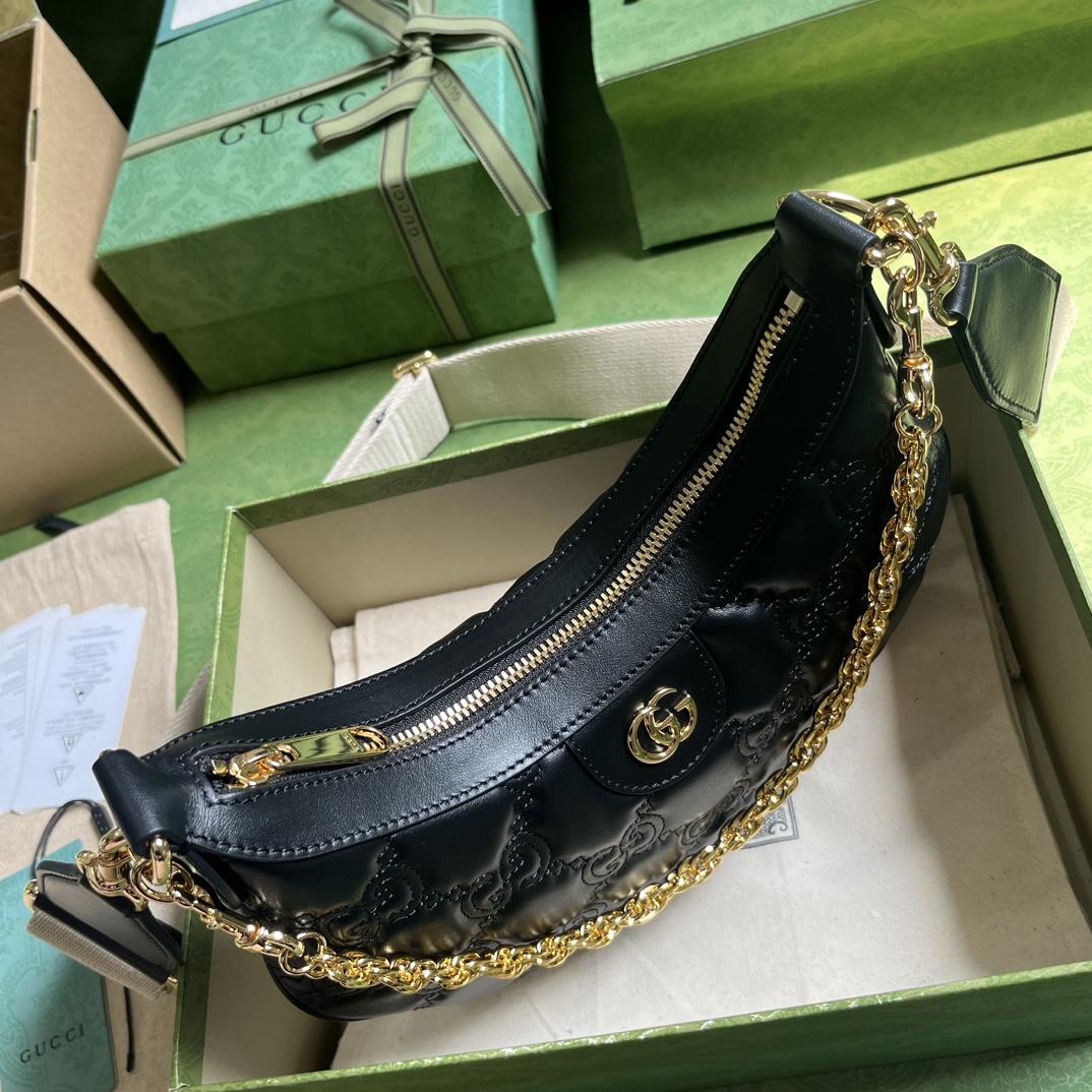 Gucci Women GG Matelassé Small Shoulder Bag Black Double G Zip Closure