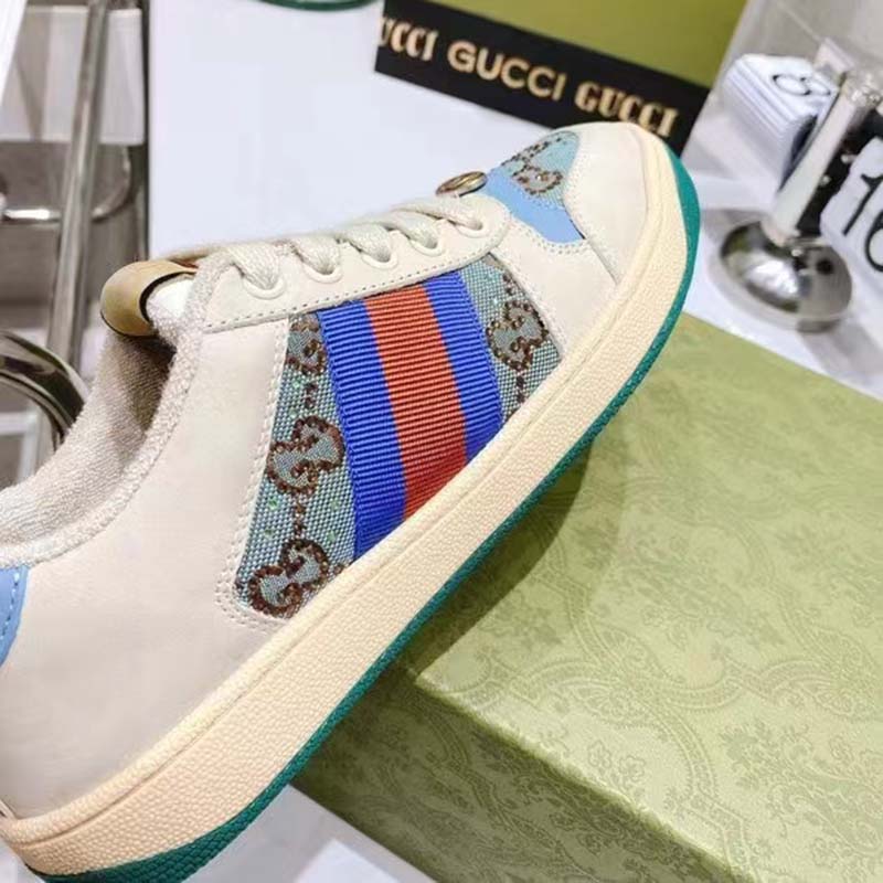 Gucci Unisex Screener Sneaker Crystals Brown Blue GG Canvas 3.6 cm Heel