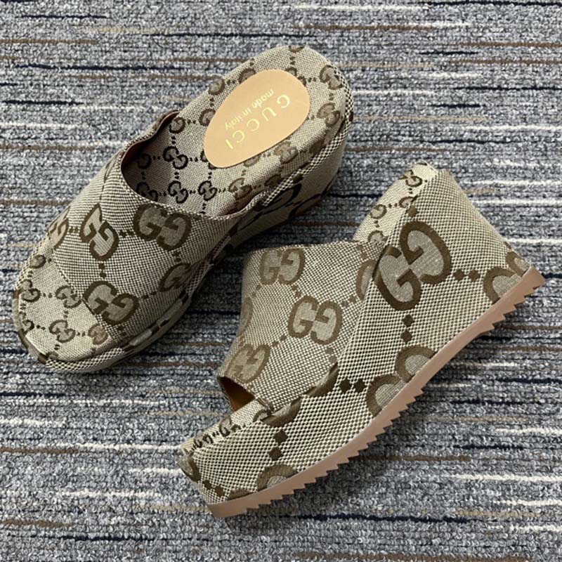 Gucci Women Platform Slide Sandal Camel Ebony Maxi GG Canvas High Heel 10 Cm