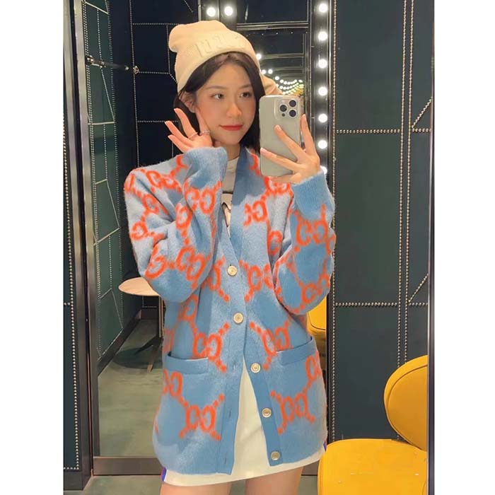 Gucci Women Wool Cardigan GG Intarsia Blue V-Neck Long Sleeves