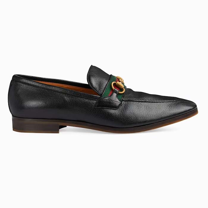 Gucci Unisex GG Loafer Horsebit Soft Black Leather Web Sole Flat 1.5 CM Heel