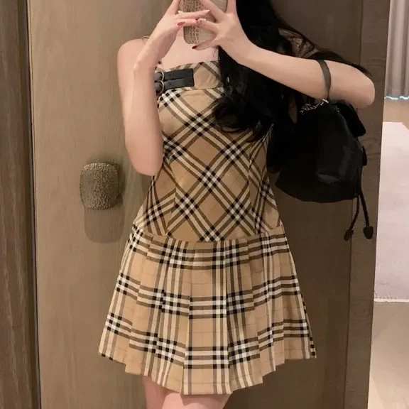 New Light Luxurious Plaid Halter Vest Dress 1025041002