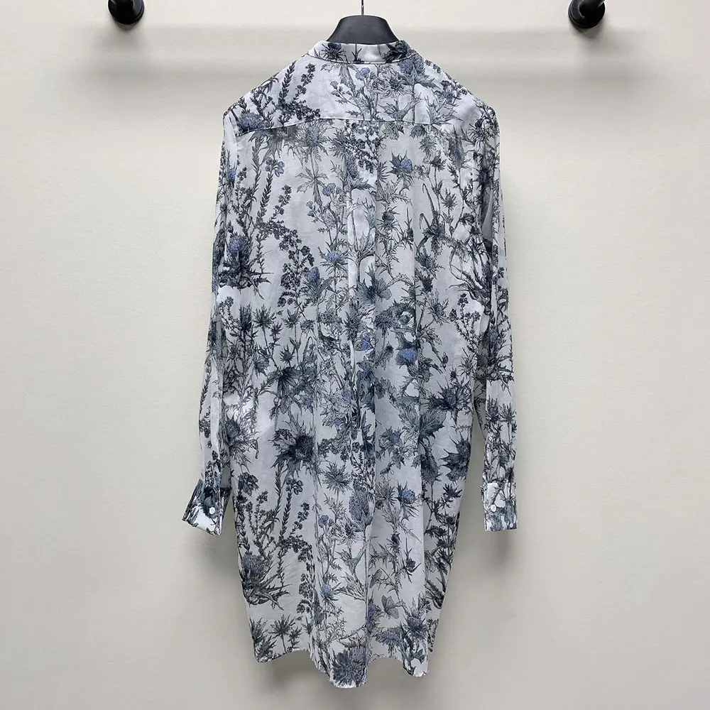 Dior Women Long Blouse White Cotton Muslin with Blue Dior Chardons Motif