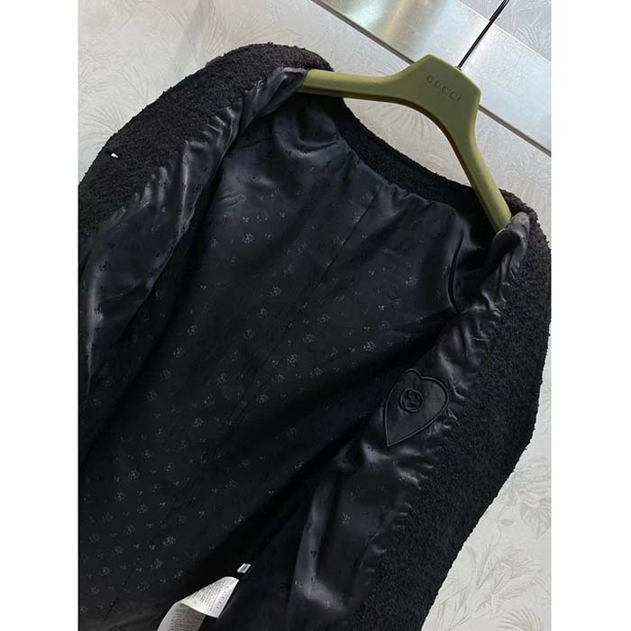 Gucci GG Women Tweed Mélange Jacket Black Self-Covered Buttons Interlocking G Lined V-Neck