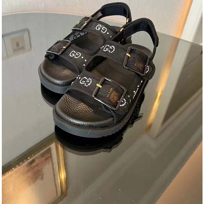 Gucci Women GG Sandal Crystals Black Mesh Tonal Suede Rubber Sole Flat