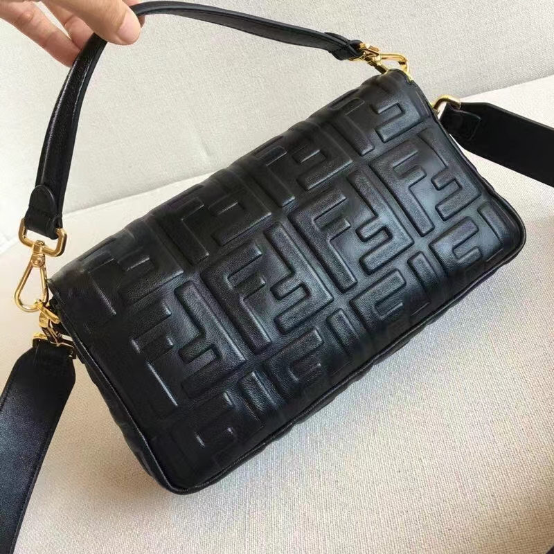 Fendi Women Baguette Chain Midi Black Nappa Leather Bag