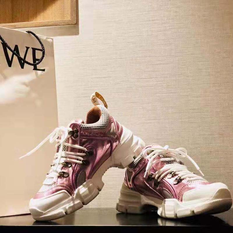 Gucci Unisex Flashtrek Sneaker with Removable Crystals in Pink Metallic Leather 5.6 cm Heel